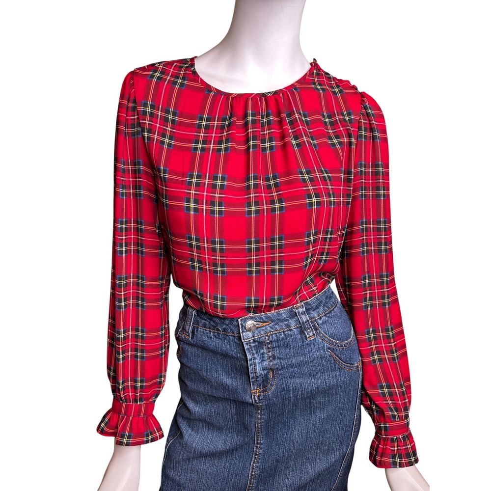 J.Crew Factory Tartan Button-Neck Top with Ruffles Small Red